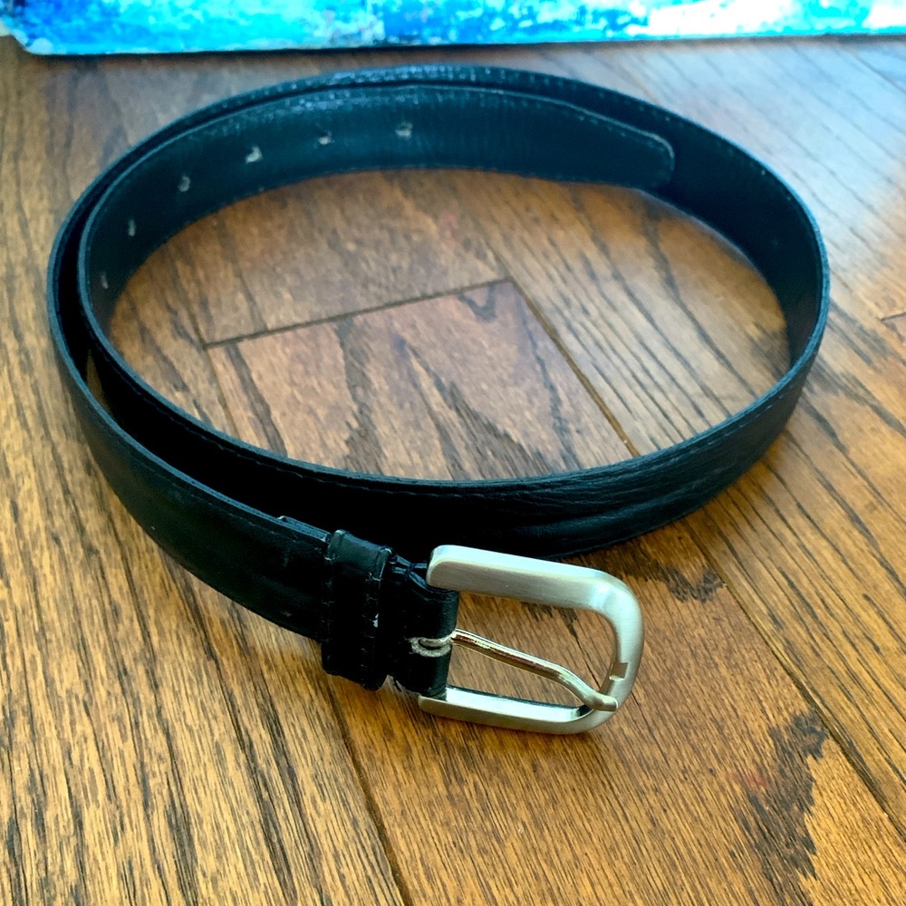 LANDES 🇨🇦 Vintage Black Italian Shrunken Leather Belt Croc Embossed Buckle Sz 30